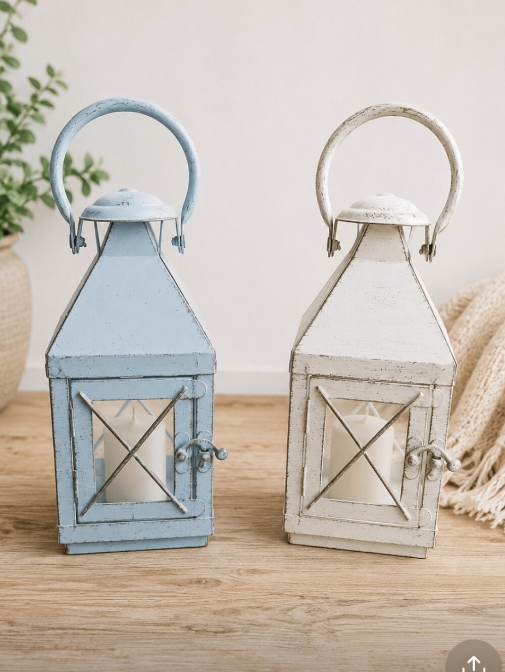 Set Of 2 Vintage Distressed Decorative Small Lanterns Cream And Blue Home Decor